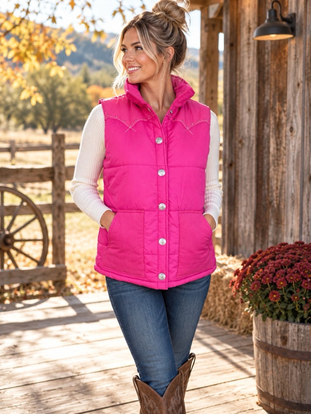 Wrangler 20X Pink Western Puffer Vest Rhinestone Corduroy XXL Cowgirl